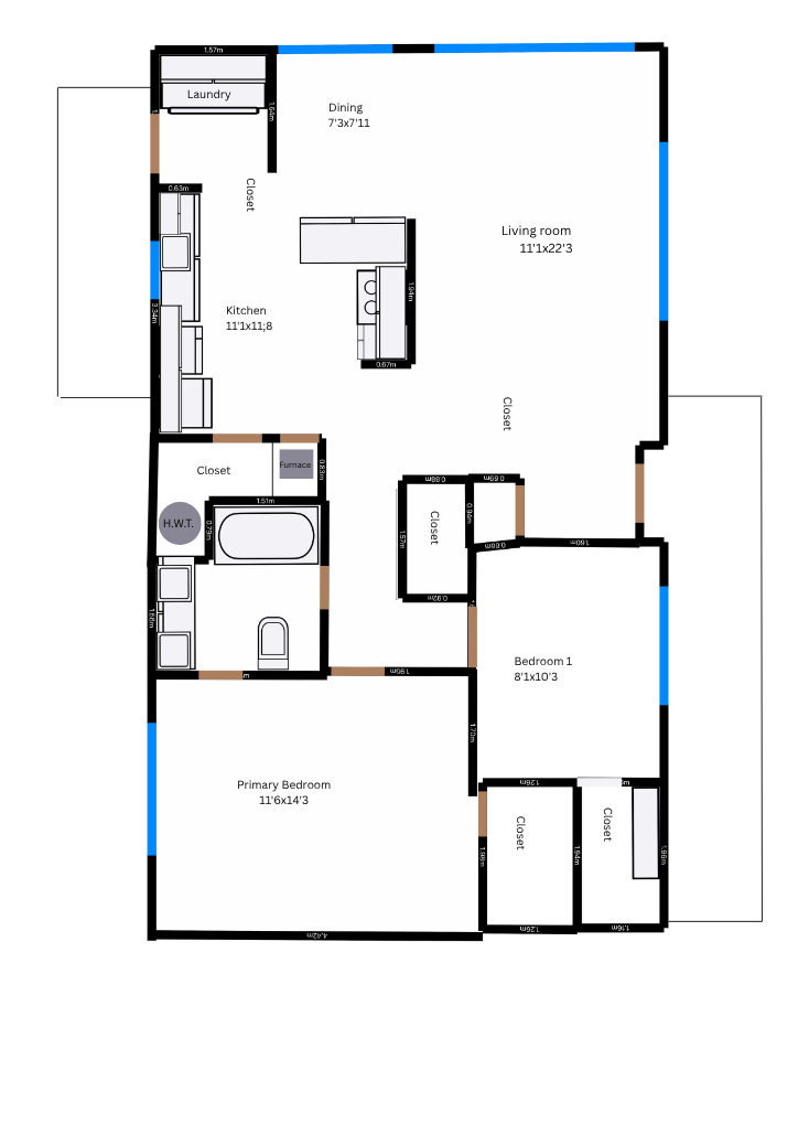 Floor plan showing the living room, kitchen and five-piece bathroom layout